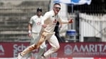 England's Dominic Bess celebrates a dismissal during the day 3 of the First test match between India and England at MA Chidambaram Stadium in Chennai.(BCCI/ANI Photo) England's Dominic Bess celebrates a dismissal during the day 3 of the First test match between India and England at MA Chidambaram Stadium in Chennai.(BCCI/ANI Photo)