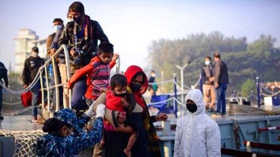 Rohingya refugees board a naval ship to be transported to an isolated island in the Bay of Bengal, in Chittagong, Bangladesh. (AP/ File photo)