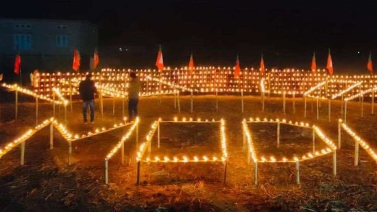 Earthen lamps lit on Saturday evening at a site in Dhekiajuli in Assam where Prime Minister Narendra Modi will address a public rally. (Narendra Modi/Twitter ) Earthen lamps lit on Saturday evening at a site in Dhekiajuli in Assam where Prime Minister Narendra Modi will address a public rally. (Narendra Modi/Twitter )