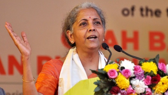 Guwahati: Union Finance Minister and BJP leader Nirmala Sitharaman addresses a public meeting at Khanapara Veterinary Ground in Guwahati, Saturday, Feb. 6, 2021. (PTI Photo)(PTI02_06_2021_000084A) (PTI) Guwahati: Union Finance Minister and BJP leader Nirmala Sitharaman addresses a public meeting at Khanapara Veterinary Ground in Guwahati, Saturday, Feb. 6, 2021. (PTI Photo)(PTI02_06_2021_000084A) (PTI)