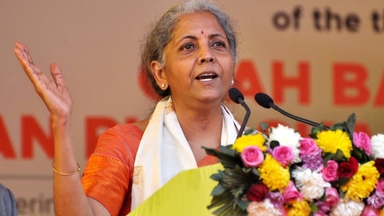 Guwahati: Union Finance Minister and BJP leader Nirmala Sitharaman addresses a public meeting at Khanapara Veterinary Ground in Guwahati, Saturday, Feb. 6, 2021. (PTI Photo)(PTI02_06_2021_000084A) (PTI) Guwahati: Union Finance Minister and BJP leader Nirmala Sitharaman addresses a public meeting at Khanapara Veterinary Ground in Guwahati, Saturday, Feb. 6, 2021. (PTI Photo)(PTI02_06_2021_000084A) (PTI)