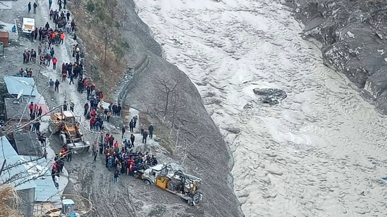Chamoli: Rescue operations underway near Dhauliganga hydropower project after a glacier broke off in Joshimath causing a massive flood.(PTI)
