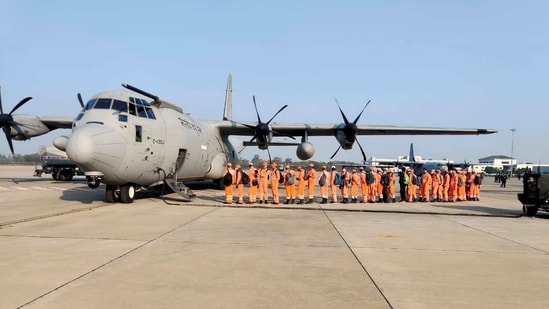 A C-130 aircraft of the Indian Air Force brought the teams of NDRF at Dehradun on Sunday.(PTI Photo)