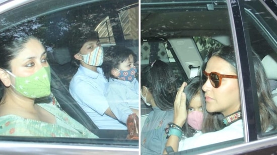 Kareena Kapoor Khan with son Taimur (L) and Neha Dhupia with daughter Mehr arriving at Yash and Roohi's birthday party.(Varinder Chawla)