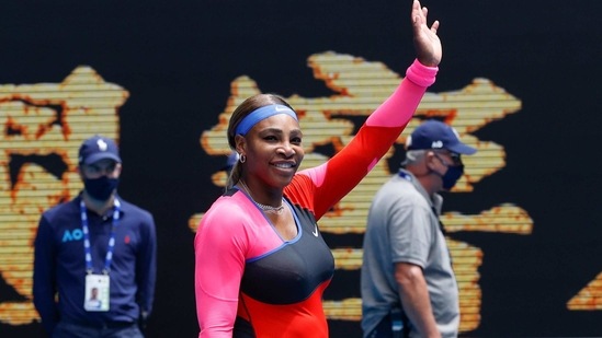 United States' Serena Williams waves after defeating Germany's Laura Siegemund during their first round match at the Australian Open tennis championship in Melbourne, Australia, Monday, Feb. 8, 2021.(AP Photo/Rick Rycroft)(AP)