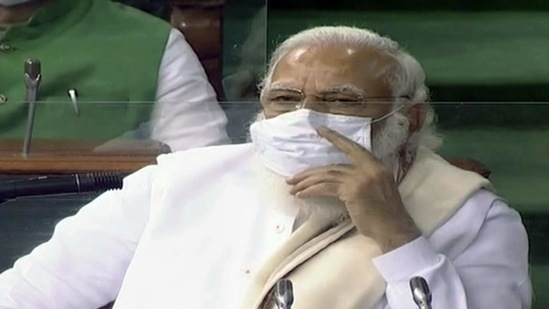 Prime Minister Narendra Modi in Lok Sabha during the budget session of Parliament in New Delhi on Monday.(ANI Photo)