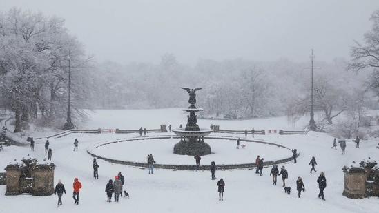 People gathered near the Bethesda Fountain as snow falls in Central Park in Manhattan, New York City, on February 7.(Andrew Kelly / REUTERS)