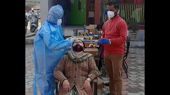 Health workers in PPE overalls collecting swabs for Covid teating at Government Senior Secondary School, Sekhewal, Ludhiana on Monday. (Gurpreet Singh/HT) Health workers in PPE overalls collecting swabs for Covid teating at Government Senior Secondary School, Sekhewal, Ludhiana on Monday. (Gurpreet Singh/HT)
