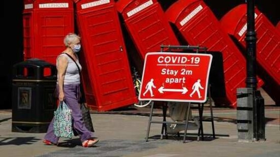 A sign requests people to stay two meters apart to reduce the spread of Covid-19 in London. (AP) A sign requests people to stay two meters apart to reduce the spread of Covid-19 in London. (AP)