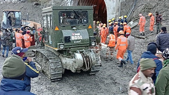 Members of the Indo-Tibetan Border Police (ITBP) during a rescue operation after a broken glacier caused a major river surge that swept away bridges and roads at a tunnel near Tapovan dam in Chamoli district of Uttarakhand on Sunday. (AFP) Members of the Indo-Tibetan Border Police (ITBP) during a rescue operation after a broken glacier caused a major river surge that swept away bridges and roads at a tunnel near Tapovan dam in Chamoli district of Uttarakhand on Sunday. (AFP)