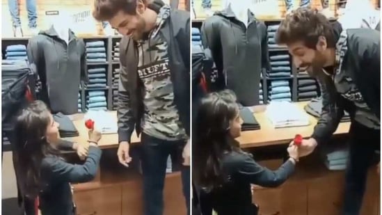 Kartik Aaryan shared a video of him getting a rose as a gift from a little girl on Rose Day. 