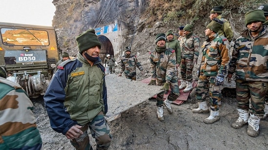 Rescue operations underway near Tapovan Tunnel, a day after a glacier broke off in Joshimath causing a massive flood in the Dhauli Ganga river, in Chamoli district of Uttarakhand on Monday. (PTI Photo )