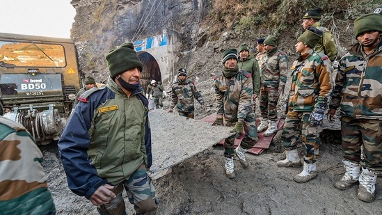 Rescue operations underway near Tapovan Tunnel, a day after a glacier broke off in Joshimath causing a massive flood in the Dhauli Ganga river, in Chamoli district of Uttarakhand on Monday. (PTI Photo ) Rescue operations underway near Tapovan Tunnel, a day after a glacier broke off in Joshimath causing a massive flood in the Dhauli Ganga river, in Chamoli district of Uttarakhand on Monday. (PTI Photo )