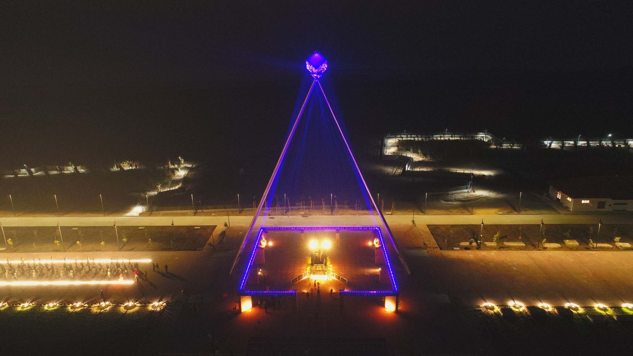 In The Pyramid of Light, laser lights rise up and illuminates the glass crystal at night to make it a visually enhancing experience. In The Pyramid of Light, laser lights rise up and illuminates the glass crystal at night to make it a visually enhancing experience.