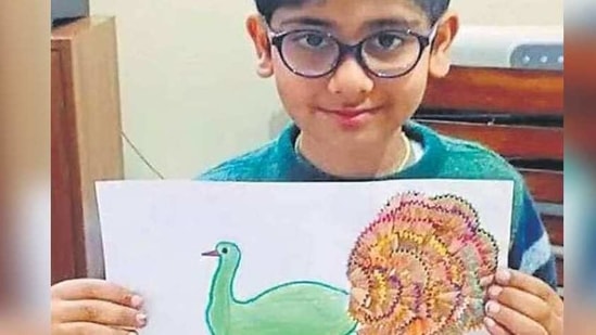 A student of Delhi Public School, Chandigarh, displaying a piece of art. HT PHOTO