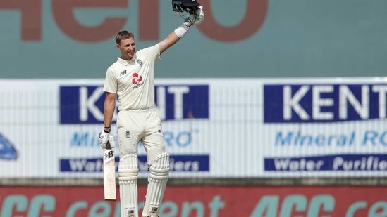 England's Joe Root celebrates his double century during Day 2 of the First test match between India and England at MA Chidambaram Stadium in Chennai on Saturday. (ICC/ANI Photo)