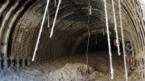 Mud and debris brought by the river in the Tapovan Tunnel after the Glacier burst in Chamoli on Monday.(ANI Photo)