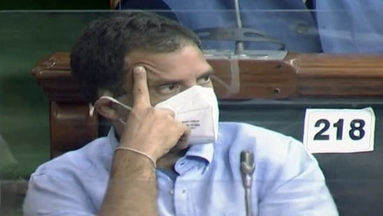 Congress MP Rahul Gandhi in Lok Sabha during the Budget Session of the Parliament in New Delhi on Monday. (ANI Photo/ LSTV Grab) Congress MP Rahul Gandhi in Lok Sabha during the Budget Session of the Parliament in New Delhi on Monday. (ANI Photo/ LSTV Grab)