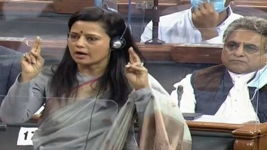 AITC MP Mahua Moitra speaks in Lok Sabha during the Budget Session of the Parliament in New Delhi on Monday. (ANI Photo/ LSTV Grab)