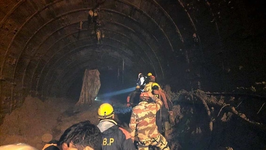 Search and rescue operation underway at Tapovan tunnel in Chamoli on Tuesday. (ANI) Search and rescue operation underway at Tapovan tunnel in Chamoli on Tuesday. (ANI)