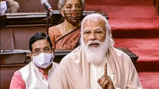 Prime Minister Narendra Modi speaks in the Rajya Sabha on Tuesday. (PTI)