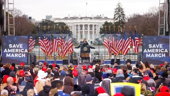Former US President Donald Trump speaks during a rally to contest the certification of the 2020 presidential election results by the US Congress, in Washington, hours before his supporters stormed the Capitol. (REUTERS)