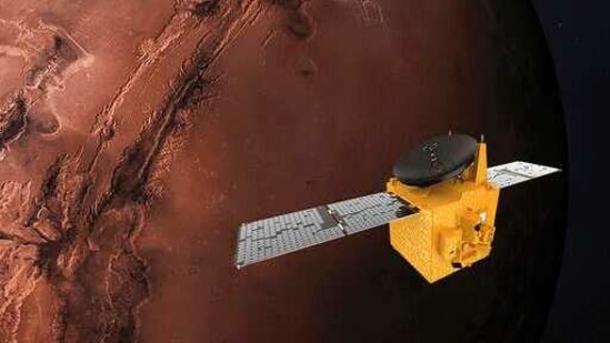 The illustration provided by Mohammed Bin Rashid Space Centre depicts the United Arab Emirates' Hope Mars probe.(AP)