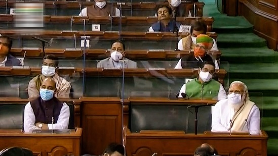 **EDS: VIDEO GRAB** New Delhi: Prime Minister Narendra Modi and Defence Minister Rajnath Singh in the Lok Sabha during ongoing Budget Session of Parliament, in New Delhi, Monday, Feb. 8, 2021. (LSTV/PTI Photo) (PTI02_08_2021_000301B) (PTI) **EDS: VIDEO GRAB** New Delhi: Prime Minister Narendra Modi and Defence Minister Rajnath Singh in the Lok Sabha during ongoing Budget Session of Parliament, in New Delhi, Monday, Feb. 8, 2021. (LSTV/PTI Photo) (PTI02_08_2021_000301B) (PTI)