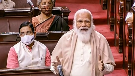 Prime Minister Narendra Modi speaks in the Rajya Sabha during ongoing Budget Session of Parliament, in New Delhi,(PTI)