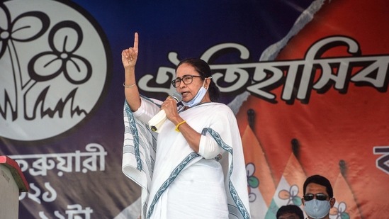 Raking up the outsider issue, the TMC supremo claimed that the BJP is a party of Gujarat and Delhi, which is bringing in National Register of Citizens (NRC) and National Population Register. (PTI Photo) (PTI) Raking up the outsider issue, the TMC supremo claimed that the BJP is a party of Gujarat and Delhi, which is bringing in National Register of Citizens (NRC) and National Population Register. (PTI Photo) (PTI)