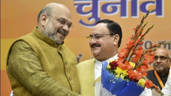 Union home minister Amit Shah with BJP president J P Nadda. (PTI) Union home minister Amit Shah with BJP president J P Nadda. (PTI)