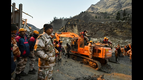 Rescue operations underway at Tapovan tunnel, Chamoli, Uttarakhand, February 8, 2021 (PTI) Rescue operations underway at Tapovan tunnel, Chamoli, Uttarakhand, February 8, 2021 (PTI)