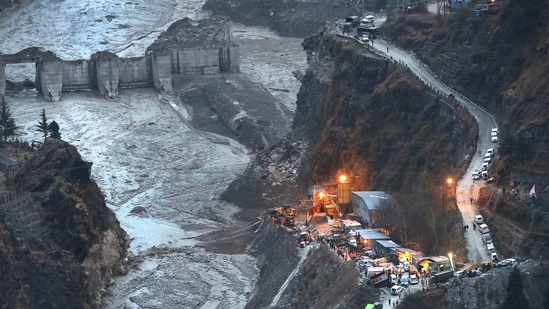 A view of Tapovan barrage two days after a portion of the Nanda Devi glacier snapped off, releasing water trapped behind it in Tapovan, Uttarakhand on February 9. Scientists are investigating what caused the glacier to break – possibly an avalanche or a release of accumulated water – as teams on the ground work to locate over 200 people still missing.(AP)