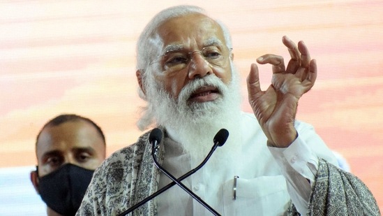 Prime Minister Narendra Modi addresses during the foundation stone laying ceremony of the Oil, Gas and Road Sector project, in Haldia on Sunday. (ANI Photo) Prime Minister Narendra Modi addresses during the foundation stone laying ceremony of the Oil, Gas and Road Sector project, in Haldia on Sunday. (ANI Photo)