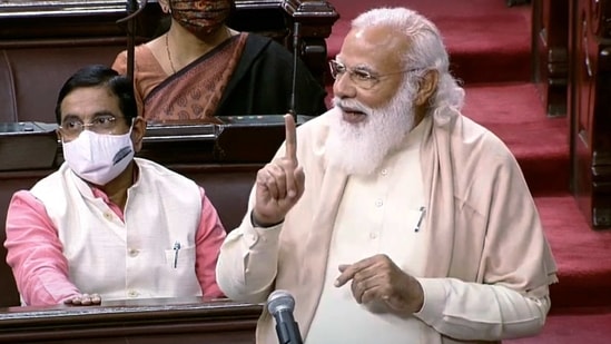 Prime Minister Narendra Modi speaks during the farewell to retiring Rajya Sabha MPs during the Budget Session of Parliament in New Delhi on Tuesday. (ANI Photo/ RSTV Grab)