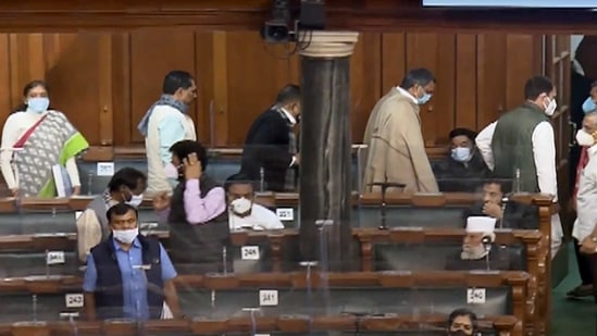 Congress MPs walk out from Lok Sabha during Prime Minister Narendra Modi's reply in Lok Sabha to the motion of thanks on the President's address on Wednesday. (ANI Photo) Congress MPs walk out from Lok Sabha during Prime Minister Narendra Modi's reply in Lok Sabha to the motion of thanks on the President's address on Wednesday. (ANI Photo)
