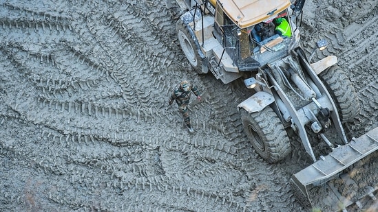Rescue operations continue at Tapovan tunnel in Chamoli on February 10. The rescue operation at the 2.5 km long Tapovan tunnel continued with 25-35 persons stuck inside. A joint team of ITBP, NDRF, SDRF and sister agencies entered the tunnel this morning.(Arun Sharma / PTI)
