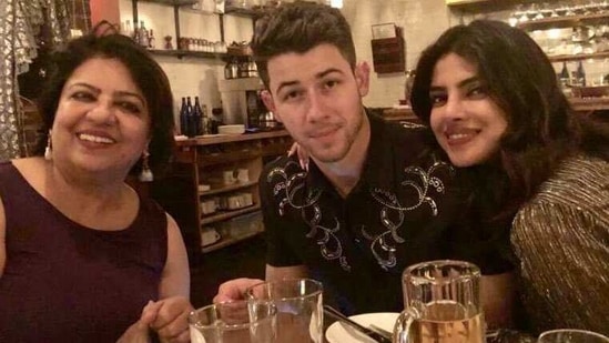 Priyanka Chopra with husband Nick Jonas and mother Dr Madhu Chopra.