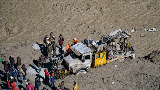 A vehicle stuck in the swamp at the site of the Tapovan hydel project on February 8. Using drones and remote-sensing equipment to intensify efforts on February 10, the multi-agency rescue operation at the NTPC hydel project site has been going on uninterrupted since February 7.(PTI)