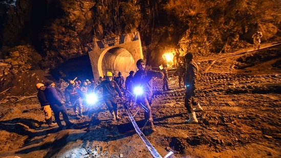The missing people include those working at NTPC’s 480 MW Tapovan-Vishnugad project and the 13.2 MW Rishiganga Hydel Project and villagers whose homes were washed away as a wall of water came hurtling down mountainsides. A focal point of the rescue work has been efforts to penetrate through tonnes of silt, sludge and debris to get to the people who were at work inside the 1,500 metre tunnel when the waters came rushing in.(Arun Sharma / PTI)