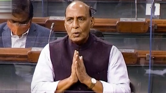 Union Home Minister Rajnath Singh speaks in the Lok Sabha during ongoing Budget Session of Parliament, in New Delhi, Monday, Feb. 8, 2021. (PTI)
