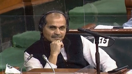 Congress leader Adhir Ranjan Chowdhury in the Lok Sabha on Tuesday.(PTI Photo)