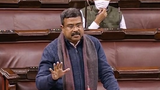 Union minister Dharmendra Pradhan speaks at Rajya Sabha during the ongoing Budget Session of Parliament.(PTI)