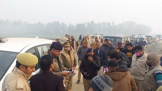 UP police men at the encounter site at Kasganj. (HT Photo) UP police men at the encounter site at Kasganj. (HT Photo)