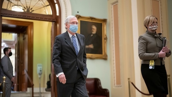 Senate minority leader Mitch McConnell departs the chamber at day's end after arguments in the second impeachment trial of former President Donald Trump. (AP) Senate minority leader Mitch McConnell departs the chamber at day's end after arguments in the second impeachment trial of former President Donald Trump. (AP)