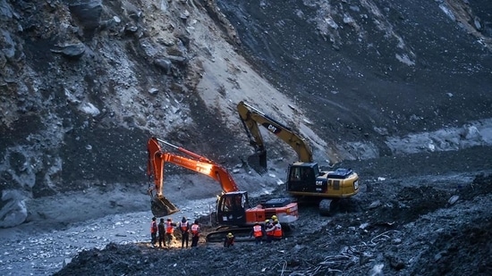 Rescue operations continue at Tapovan tunnel following Sunday's glacier burst in Joshimath, in Chamoli district of Uttarakhand, on February 9. (PTI)