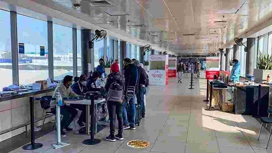 RT-PCR Covid-19 test booth at Delhi airport.(PTI) RT-PCR Covid-19 test booth at Delhi airport.(PTI)