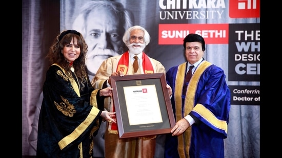 FDCI president Sunil Sethi being honoured at Chitkara University on Wednesday. (HT photo)