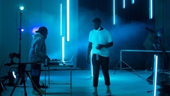 Artist Nathan Nzanga performs during a tech rehearsal with "Matondo," brother Daniel Nzanga, for 'Sessions In Place', a live-streamed socially distanced concert series, at Olympic Studios in Seattle, Washington, U.S., January 30, 2021.(REUTERS)