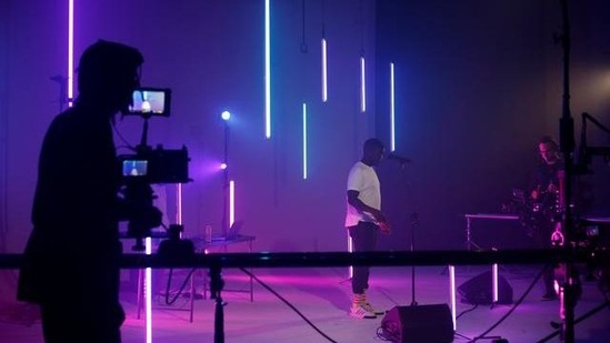 Artist Nathan Nzanga performs during a tech rehearsal for 'Sessions In Place', a live-streamed socially distanced concert series, at Olympic Studios in Seattle, Washington, U.S., January 30, 2021.(REUTERS)